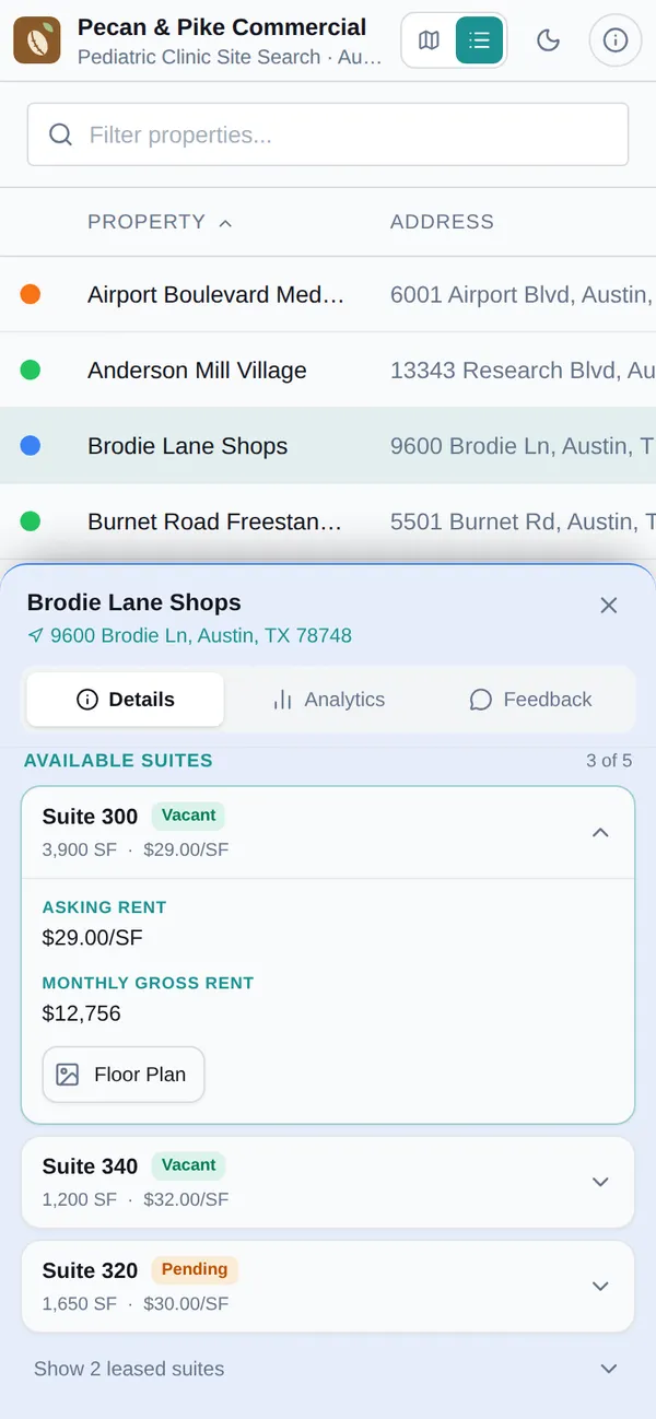 Suite 300 expanded on a phone, showing Asking Rent $29.00/SF, Monthly Gross Rent $12,756, and a Floor Plan button