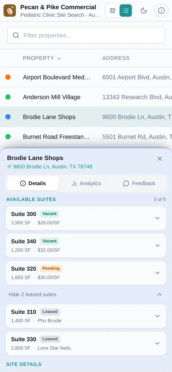 Brodie Lane Shops on a phone, listing Suites 300, 340, and 320 as vacant or pending, and two leased suites with their tenants