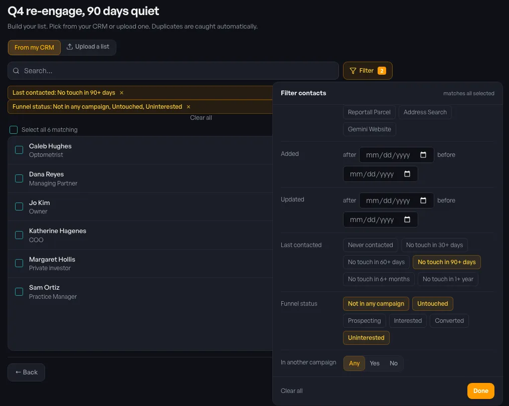 The Filter contacts panel in a Custom campaign, with No touch in 90+ days selected under Last contacted and Not in any campaign, Untouched, and Uninterested selected under Funnel status