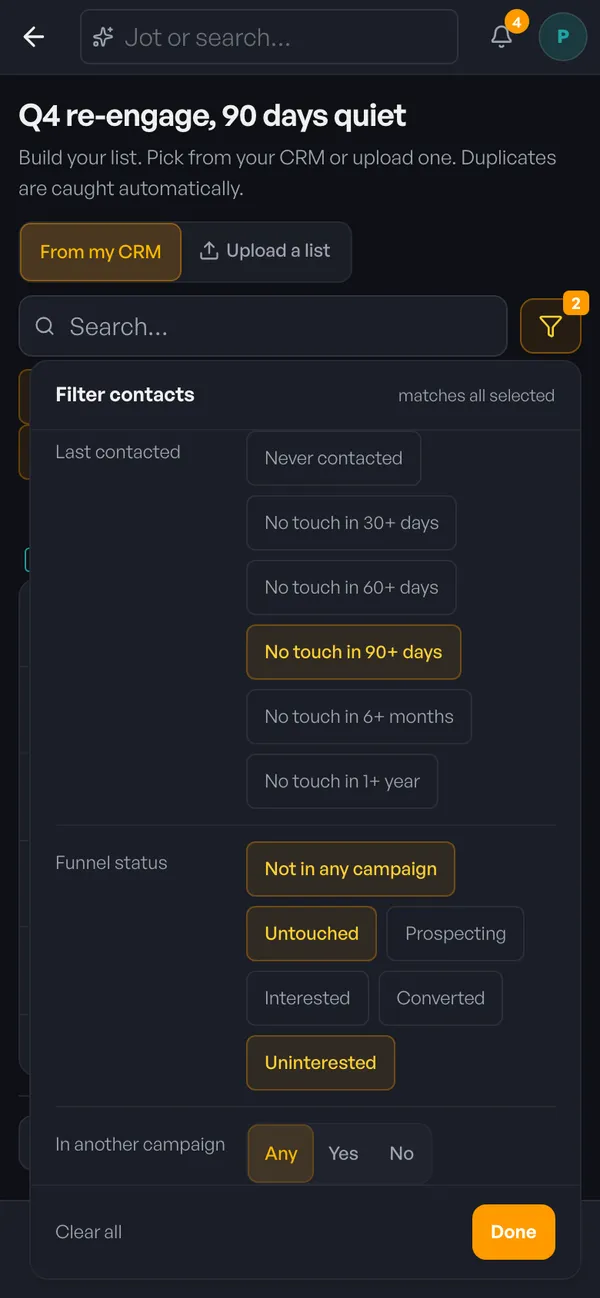 The Filter contacts panel on a phone, showing the Last contacted, Funnel status, and In another campaign filters