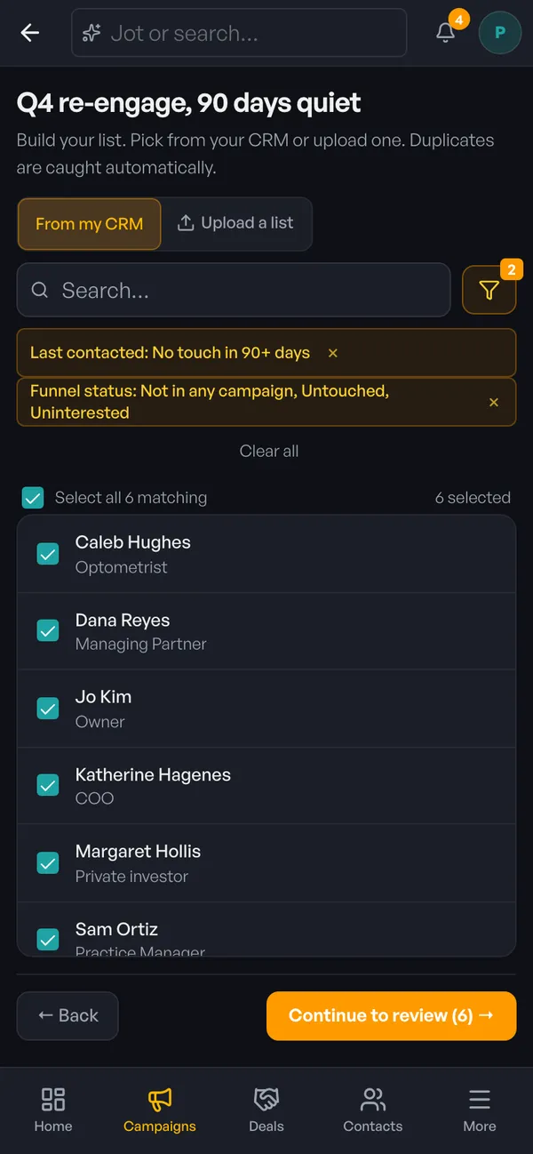 The contact picker on a phone with both filter chips applied, Select all 6 matching ticked, and Continue to review (6) at the bottom