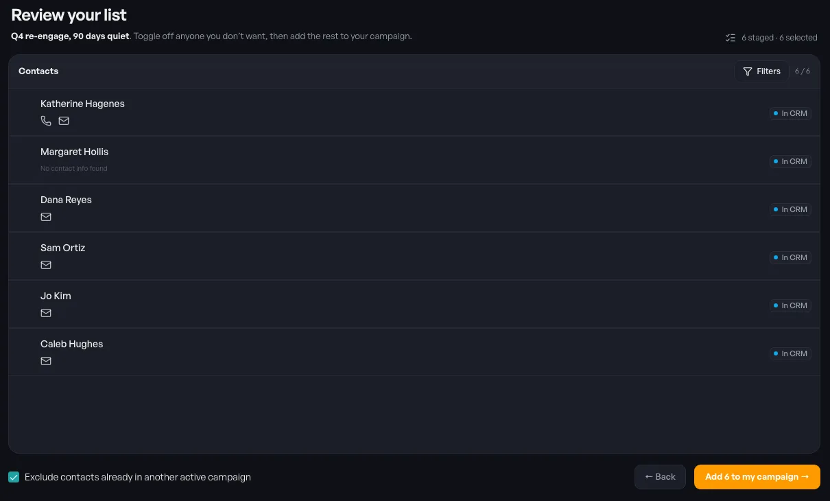 The Review your list screen with six contacts, the Exclude contacts already in another active campaign box checked, and the Add 6 to my campaign button