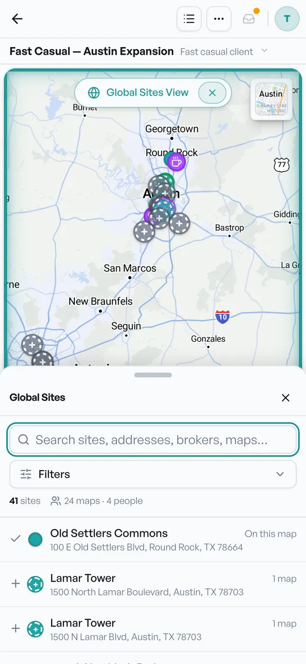 Global Sites View on a phone, with faint candidate pins around Austin and a searchable list of team sites below the map
