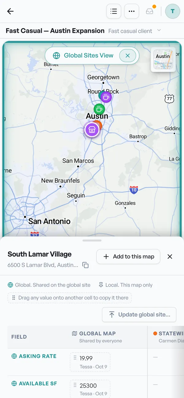 South Lamar Village open on a phone, with Add to this map, Update global site, and the Global Map column showing asking rate and available SF with who set them
