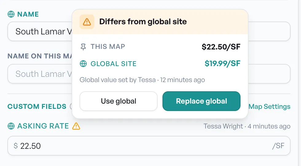 The edit panel for South Lamar Village with a Differs from global site card showing this map at $22.50/SF and the global site at $19.99/SF, with Use global and Replace global buttons