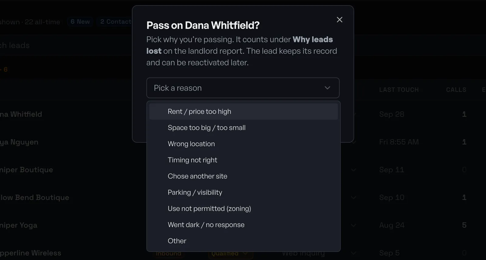 The Pass dialog for a lead, with the reason menu open showing Rent / price too high, Space too big / too small, Wrong location, and the other reasons