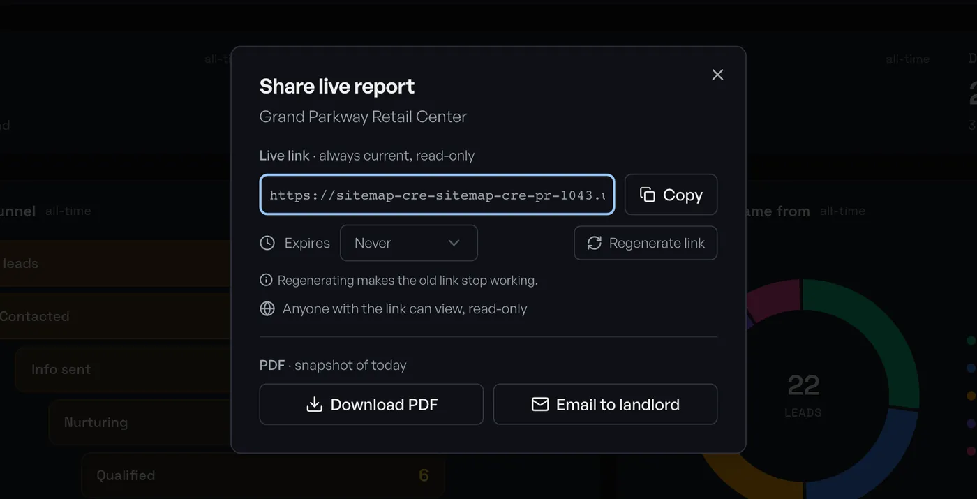 The Share live report dialog with a live link, a Copy button, an Expires menu set to Never, Regenerate link, Download PDF, and Email to landlord