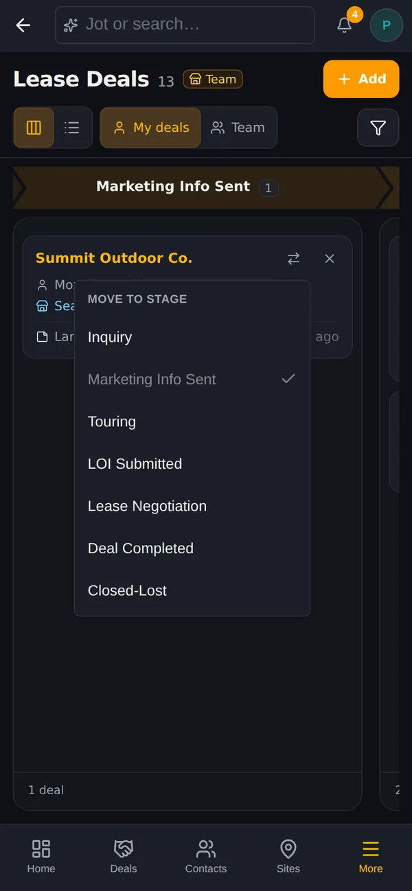 A Lease Deals board on a phone with the Move to stage menu open on a deal card