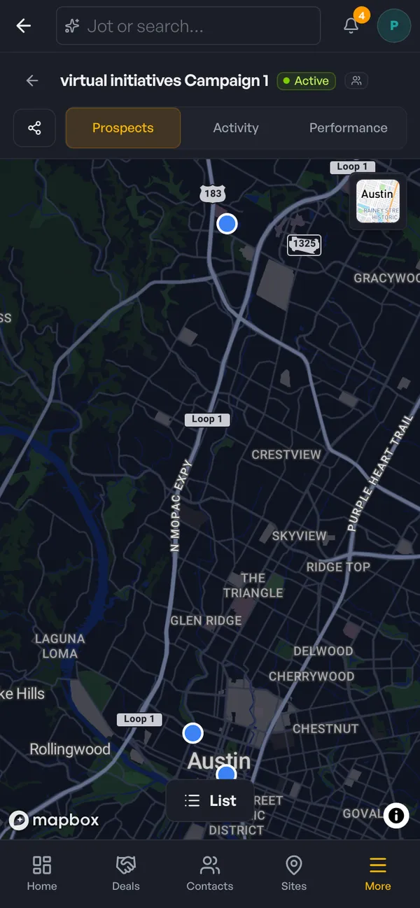 A campaign on a phone in map view, with blue pins for each prospect on a dark street map of Austin and a List button at the bottom