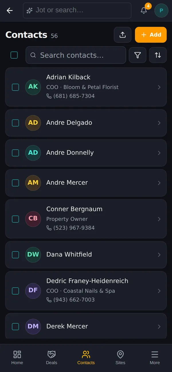 The Contacts list on a phone, shown as cards with name, title, company, and phone, plus search, filter, and sort above it