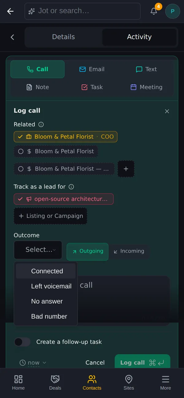 The Log call form on a phone with the outcome menu open: Connected, Left voicemail, No answer, Bad number