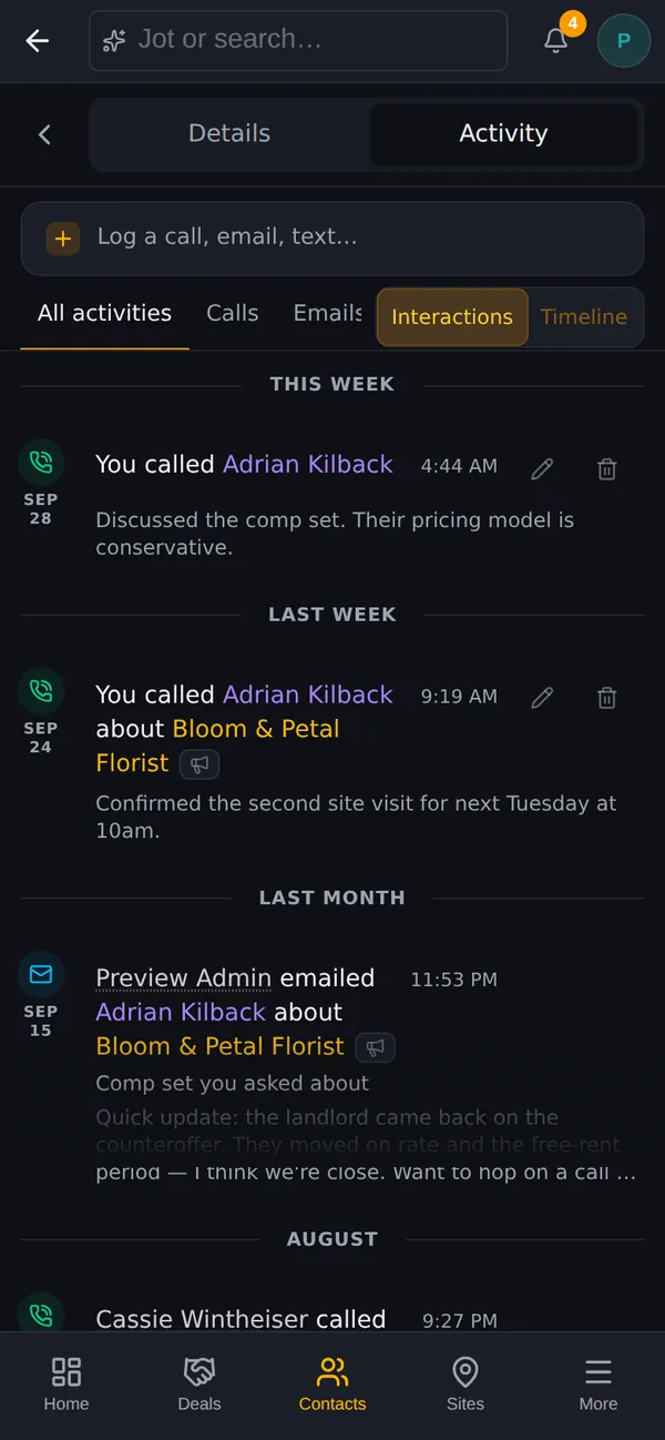 A contact record on a phone with Details and Activity tabs, showing past calls and emails on the Activity tab