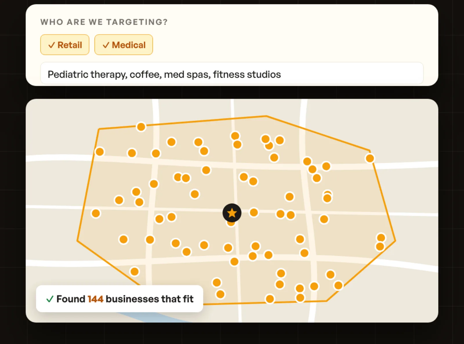 A drawn trade area filled with pins for businesses that fit the criteria