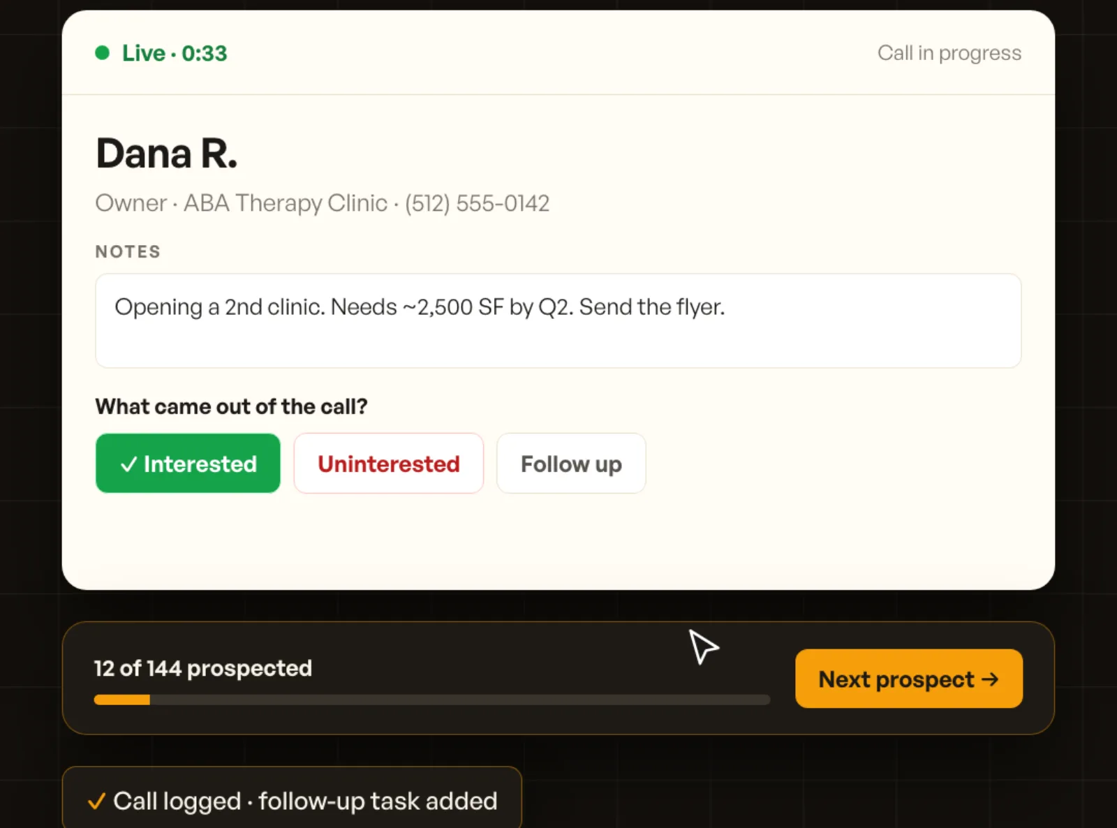 A live call panel with notes and outcome buttons, and a progress bar for the list