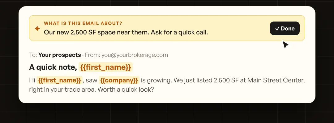 An AI email prompt that turns one sentence into a draft with first name and company merge fields