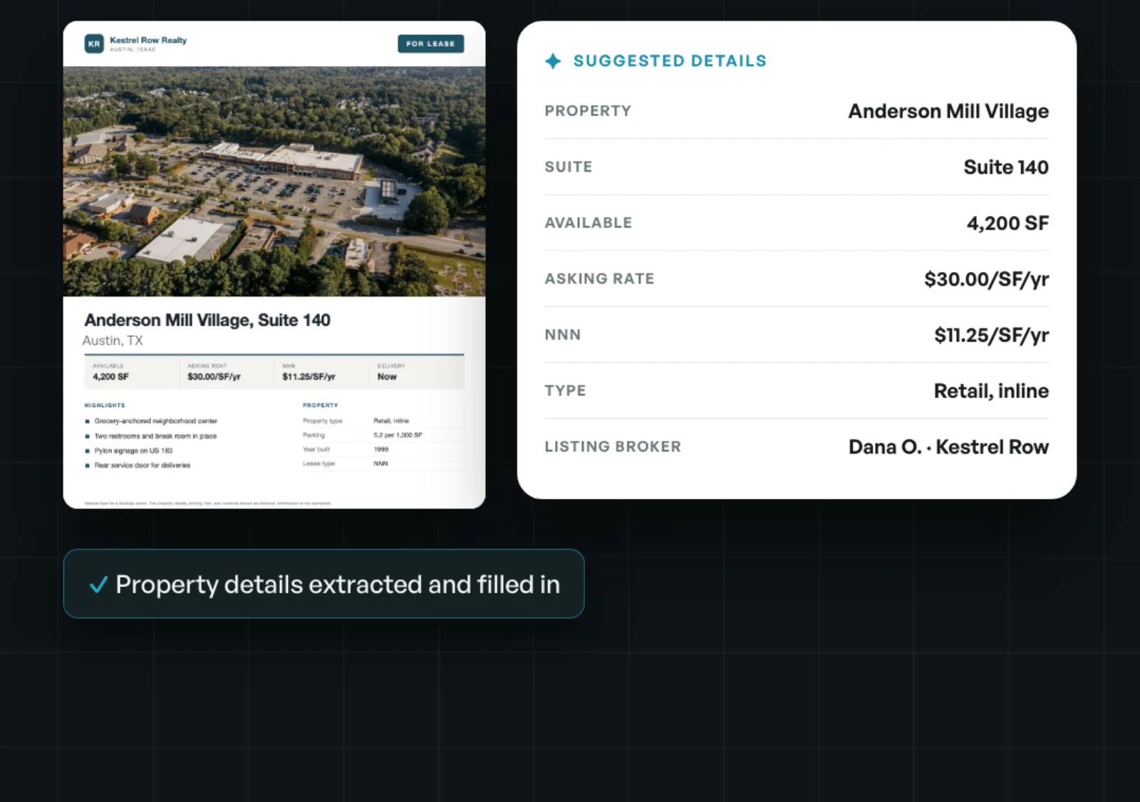 A flyer next to the AI's suggested details: property, suite, size, rate, NNN, type, and listing broker