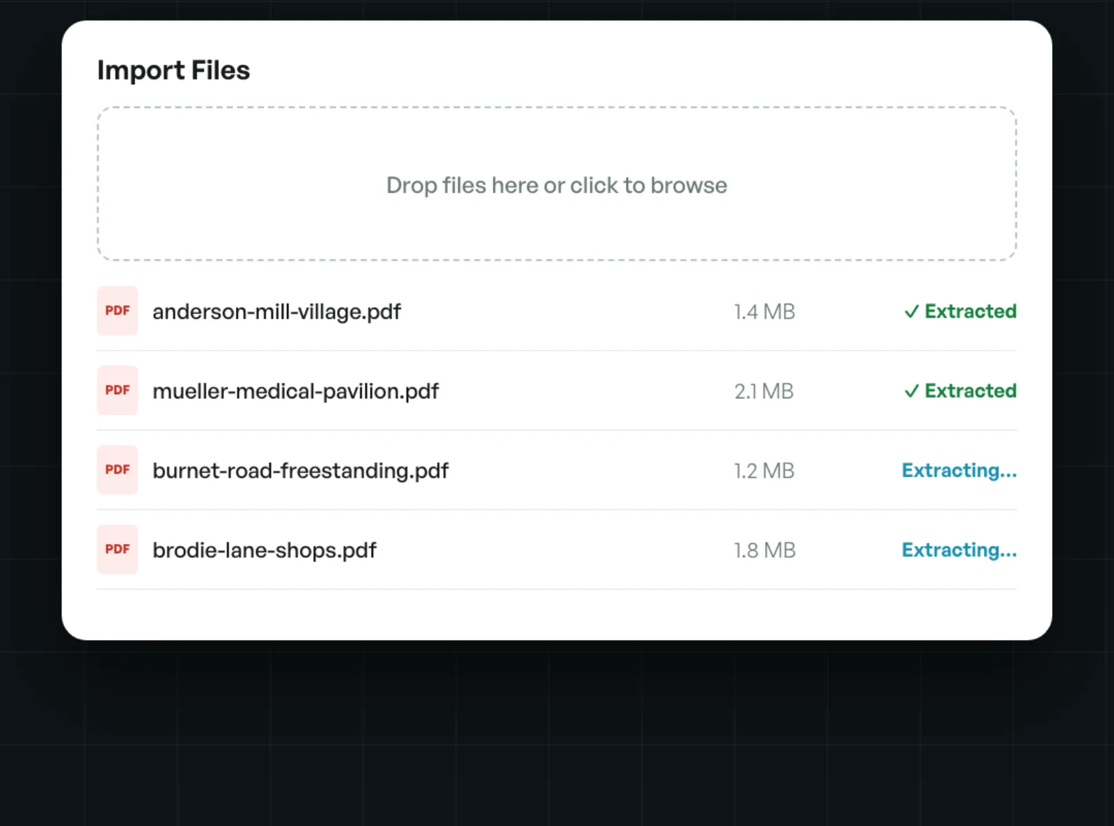 Four flyers dropped into Import Files, each moving from Extracting to Extracted
