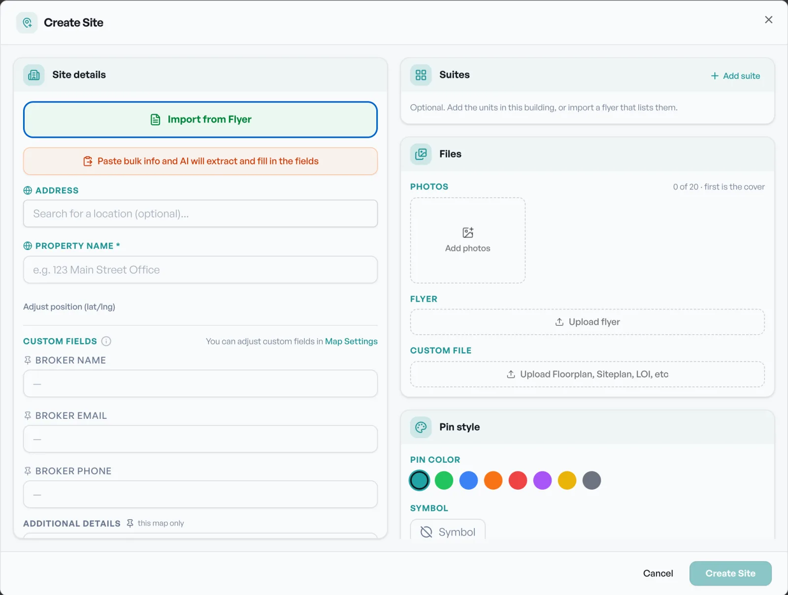 The Create Site dialog with Import from Flyer and a paste-to-extract option