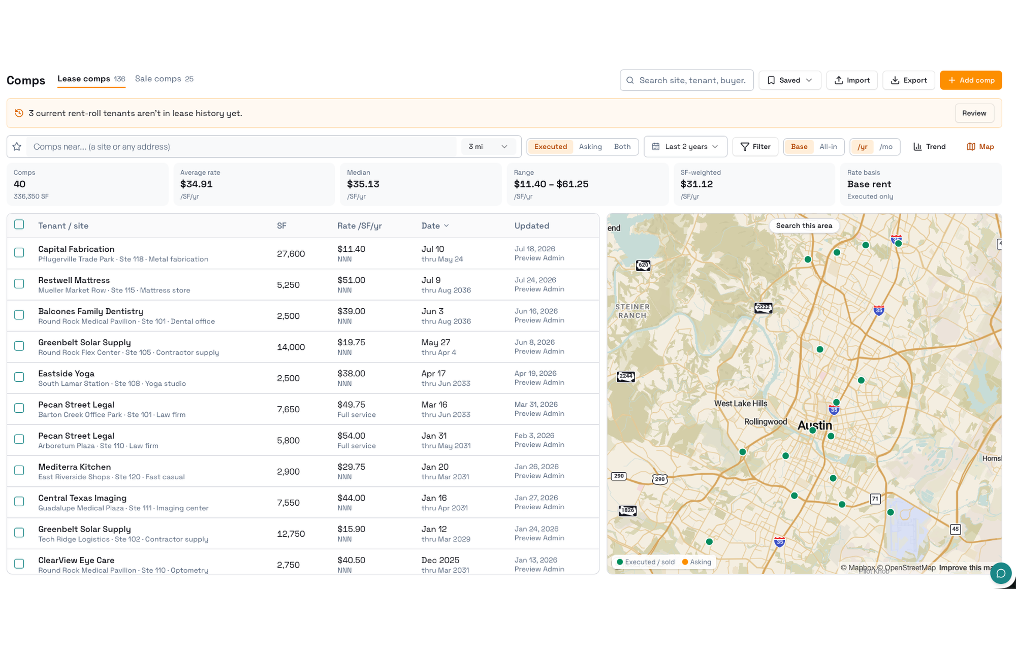 SiteMap Prospect comps database: lease comps with average, median, and SF-weighted rates, mapped around Austin