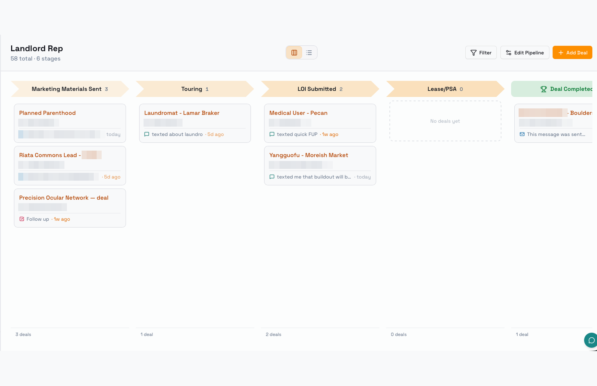 SiteMap Prospect deal pipeline board, from Marketing Materials Sent to Deal Completed