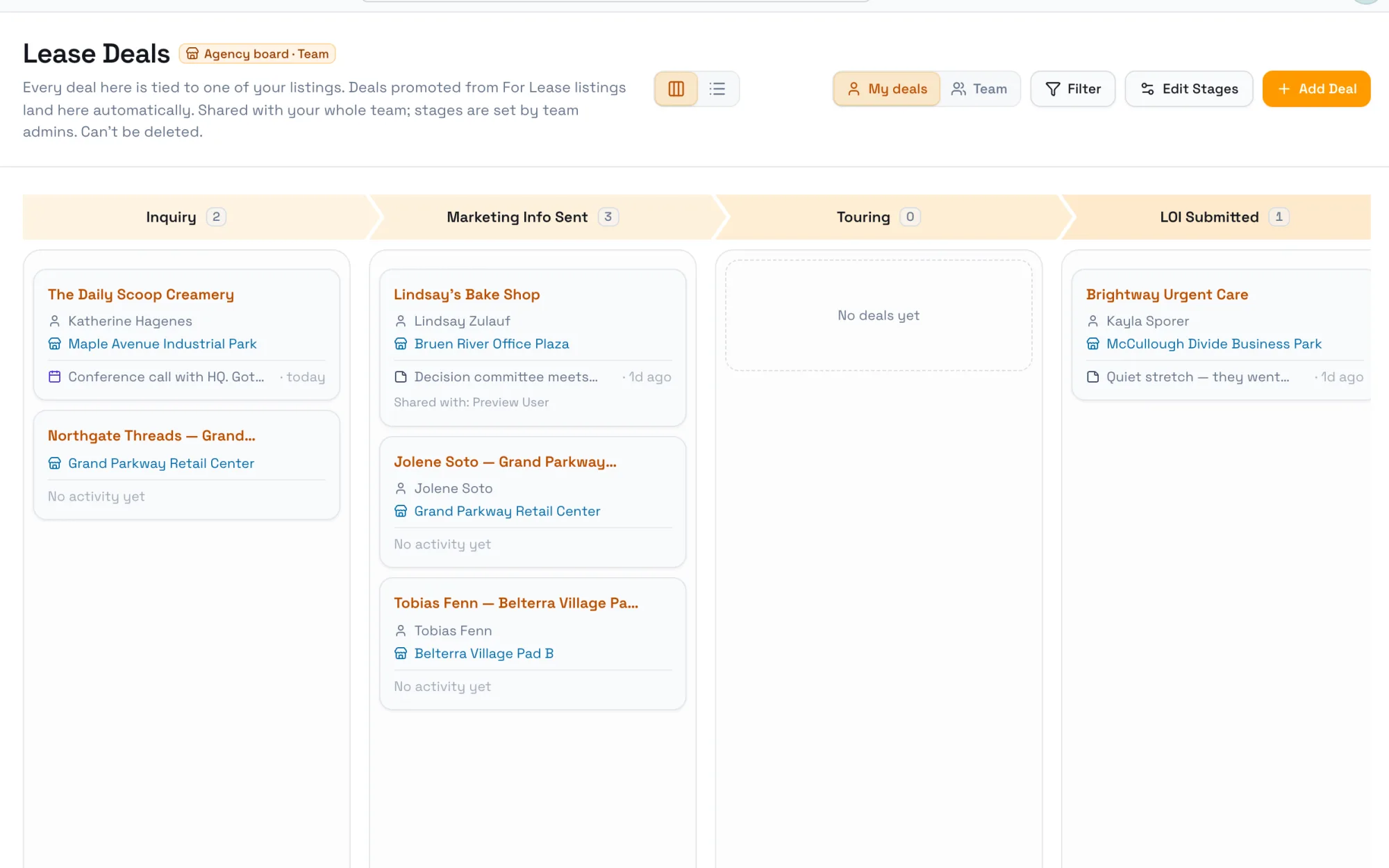 A lease deals board with deals in Inquiry, Marketing Info Sent, and LOI Submitted