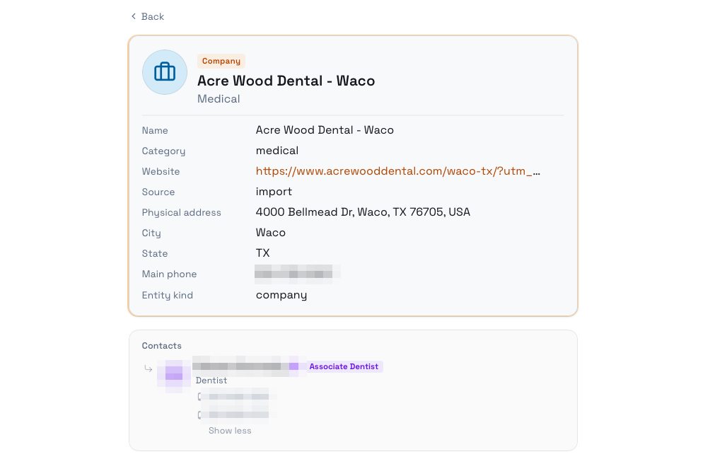 SiteMap Prospect contact enrichment: a company profile with decision-makers, titles, phones, and emails