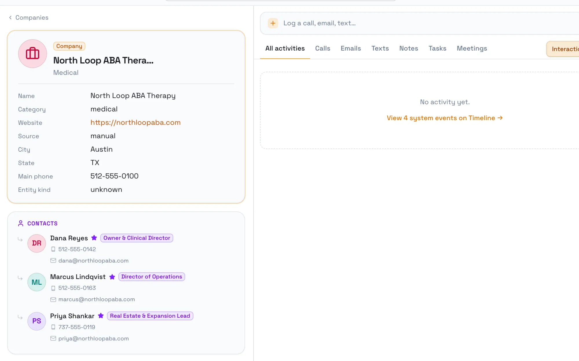 A company record in SiteMap Prospect showing three decision makers with titles, phones, and emails