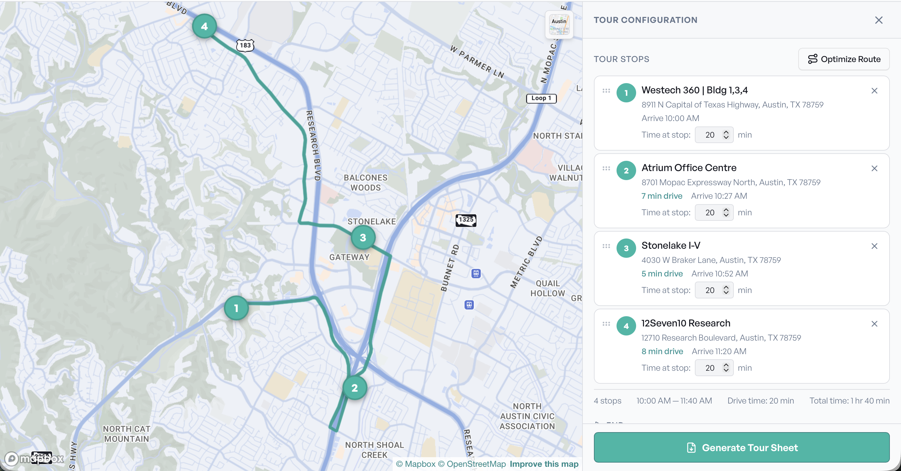 SiteMap route planner: an optimized tour route across multiple sites on the map