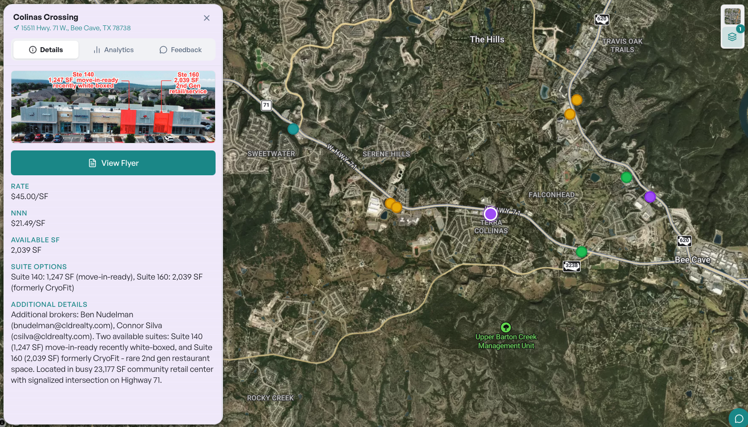A SiteMap Survey client map: every site pinned, with a property detail panel showing photos, rate, and available suites