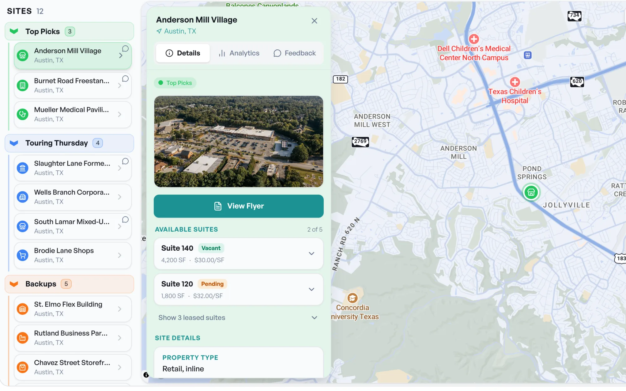A client map with a site detail panel showing a photo, flyer, and available suites