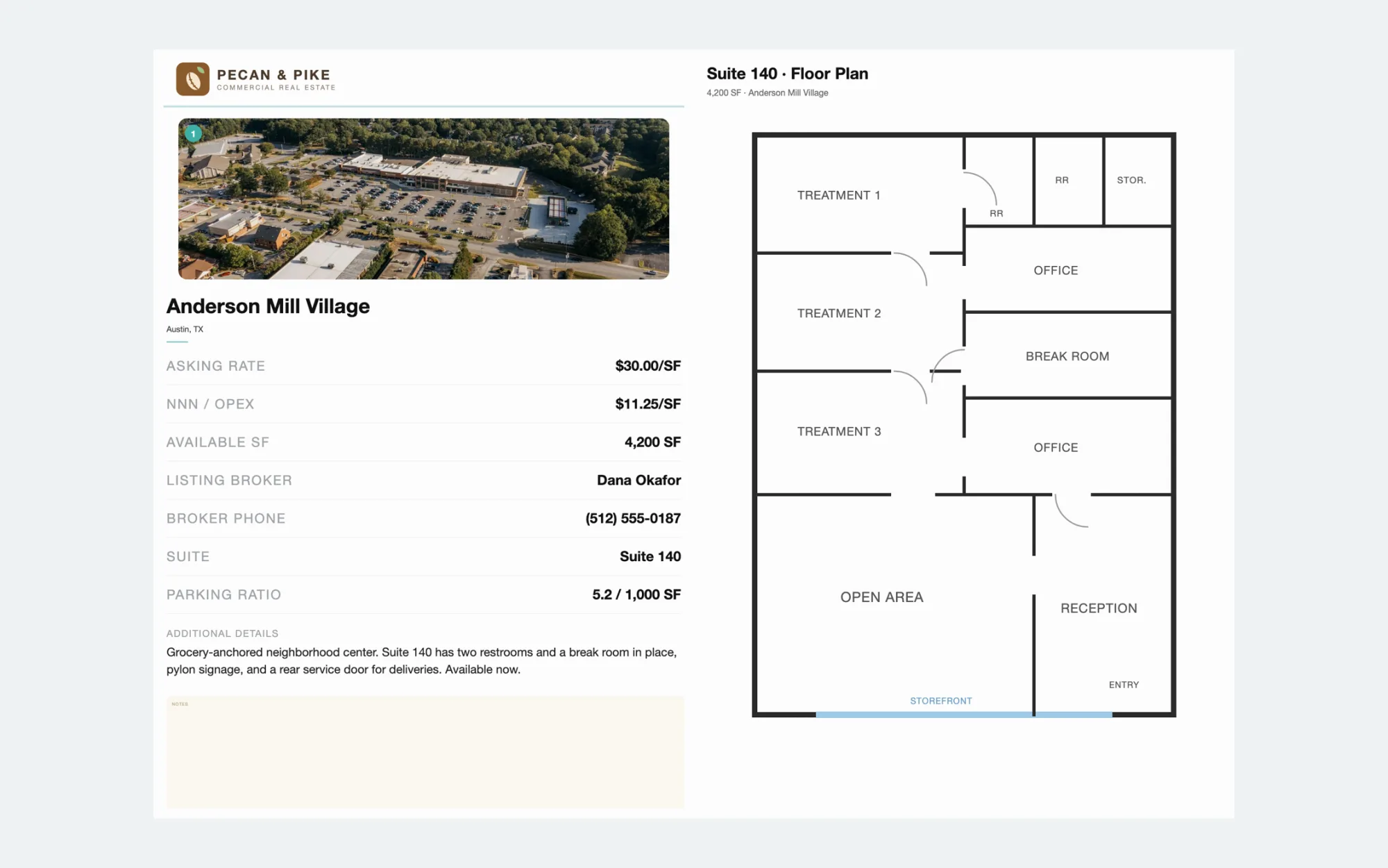 A tour book spread: a branded property page and a suite floor plan