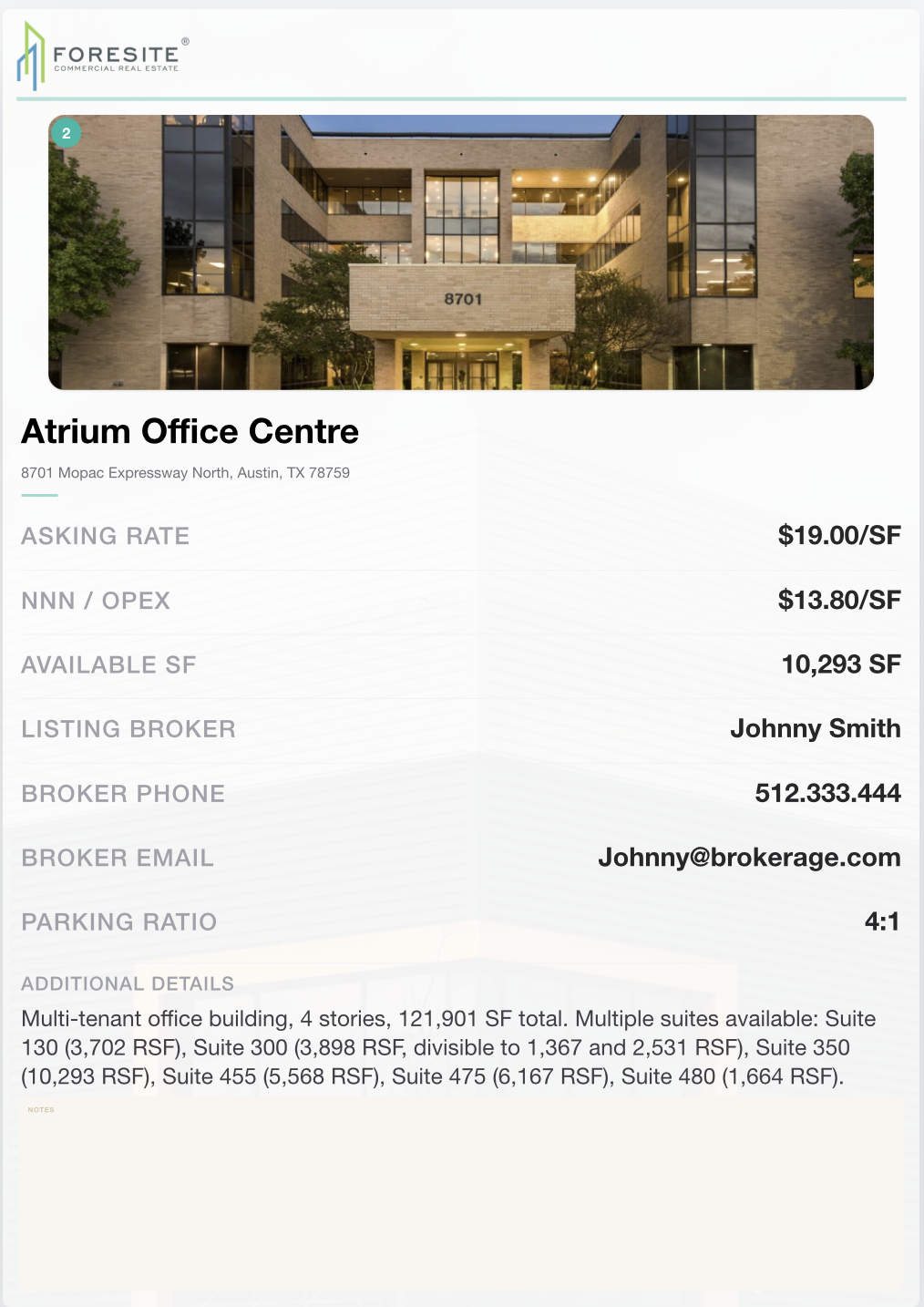 Tour book flyer page: property photo, asking rate, availability, broker contact, and suite details